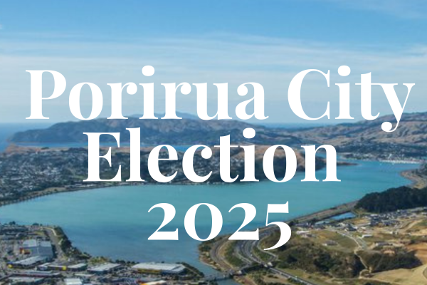 Porirua City Election 2025 banner Aerial view of Porirua Harbour with white text overlay reading “Porirua City Election 2025”.