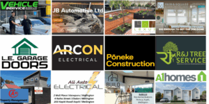 Grid of 12 business logos representing the latest additions to the Porirua News Business Directory, including builders, electricians, auto services, and property professionals.
