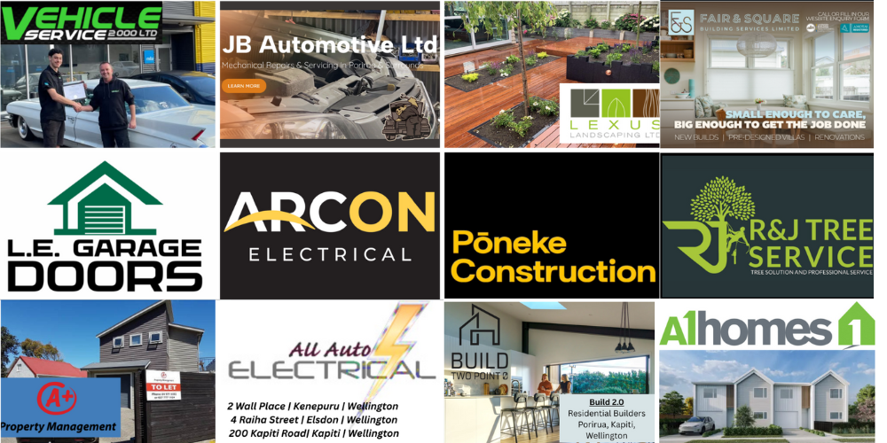 Porirua Business Directory – Round 6 Welcome Graphic Grid of 12 business logos representing the latest additions to the Porirua News Business Directory, including builders, electricians, auto services, and property professionals.