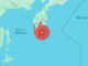 Map showing earthquake epicentre near the Kuril Islands off eastern Russia, with red concentric circles indicating affected zones across the Sea of Okhotsk.
