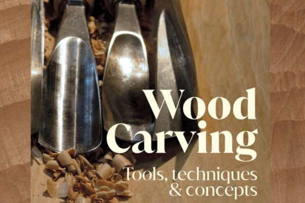 Close-up of wood carving tools resting on wood shavings, with the book title “Wood Carving: Tools, Techniques & Concepts.”