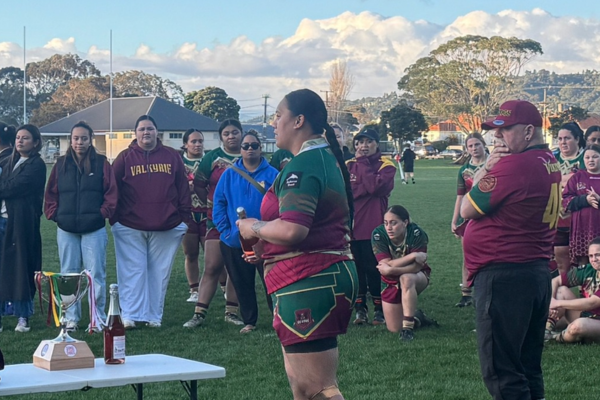 Valkyrie lift Aggy Memorial Cup after win over St George Porirua Valkyrie women's rugby league team celebrating with the Aggy Memorial Cup