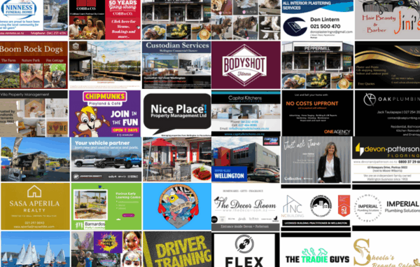 Collage of business logos and advertisements from over 40 local Porirua businesses featured in the Porirua News Business Directory.
