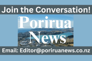 Join the Conversation banner for Porirua News with aerial view of Porirua Harbour