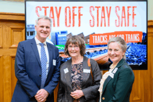 L-R KiwiRail Chief Executive Peter Reidy, Greater Wellington Deputy Chair Adrienne Staples, Metlink Group Manager Samantha Gain.