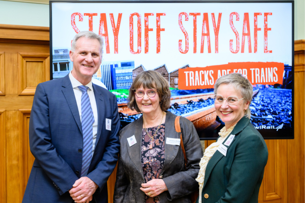 Train Safety Week L-R KiwiRail Chief Executive Peter Reidy, Greater Wellington Deputy Chair Adrienne Staples, Metlink Group Manager Samantha Gain.