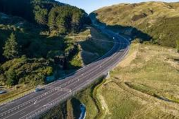 Transmission Gully Motorway Aerial view of Transmission Gully motorway winding through hills and forest in the Wellington region.