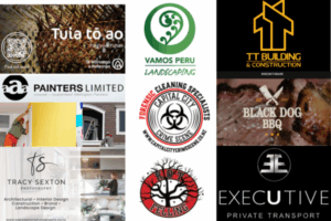 A collage of nine Porirua businesses featured in the Porirua News Business Directory, including Wānanga o Aotearoa, Vamos Peru Landscaping, Black Dog BBQ, Capital City Crime Scene Specialists, TT Building & Construction, Knock Out Tree Felling, Executive Private Transport, Tracy Sexton Photography, and AAA Painters.