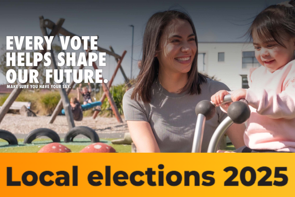 Maori Wards A woman and young child smiling together at a playground, encouraging Porirua residents to vote in the 2025 local elections under the message “Every vote helps shape our future.”