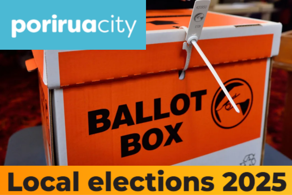 Sealed orange ballot box with Porirua City Council logo and “Local elections 2025” text, symbolising closed voting in Porirua.