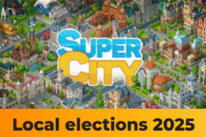 Illustrated cityscape with the words “Super City” above “Local elections 2025,” symbolising discussions about potential council amalgamation across the Wellington region.