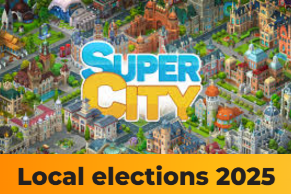 Super City Illustrated cityscape with the words “Super City” above “Local elections 2025,” symbolising discussions about potential council amalgamation across the Wellington region.