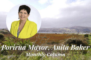 Portrait of Porirua Mayor Anita Baker with scenic Porirua background and title text reading “Monthly Column”