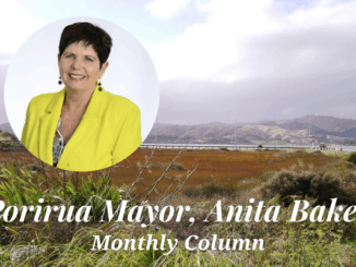 Portrait of Porirua Mayor Anita Baker with scenic Porirua background and title text reading “Monthly Column”