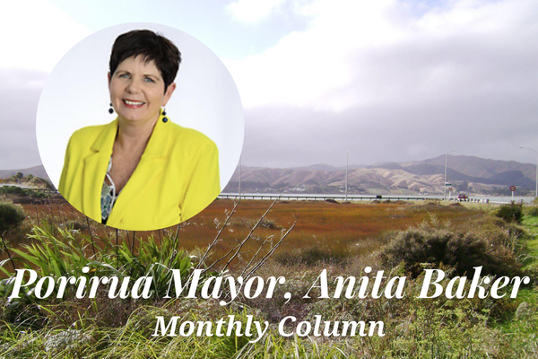 Portrait of Porirua Mayor Anita Baker with scenic Porirua background and title text reading “Monthly Column”