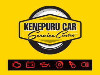 Kenepuru Car Service Centre logo on a bright yellow background with automotive service icons beneath it.