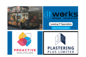 Logos of four Porirua businesses — Pizzlato Porirua, IT Works, Proactive Health Care, and JR Plastering Plus Limited — featured together in a welcome collage for the Porirua News Business Directory.