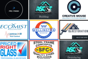 Logos of nine Porirua businesses — Pro Finish Painting & Decorating, Ascot Contracting (Building and Drainlaying), Creative Mouse Graphic Design, Ecomist Wellington, Wellington Painting & Plastering, All Things Restoration, Priced Right Glass, and Steel Frame Concepts — featured in the Porirua News Business Directory.