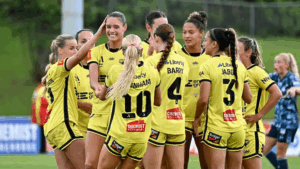 Wellington Phoenix fans in yellow and black gear cheer from the stands at Sky Stadium during a match