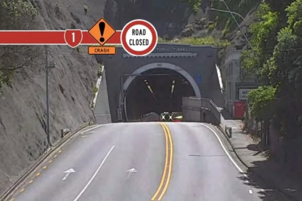 Traffic backed up at the Mount Victoria Tunnel entrance in Wellington after police closed the tunnel following a serious crash.