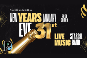 Poster promoting a New Year’s Eve party at the Porirua Club on December 31, featuring live music from Stash Band and free entry.