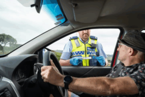 Police officer conducting a roadside saliva drug test during a traffic stop in Porirua.