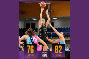 Basketball player from the Queens shoots over two Whai defenders during the Tauihi semi-final, with the final score showing Queens 76, Whai 82.