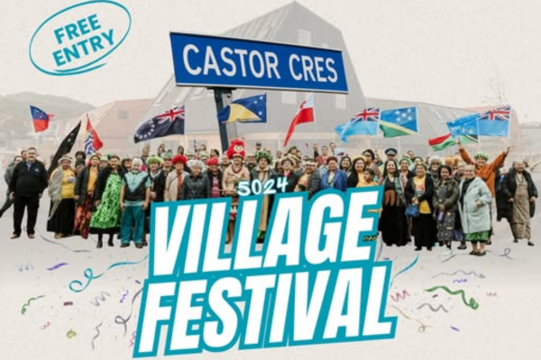 View of Castor Crescent in Porirua, with tents and marquees set up in preparation for the 5024 Village Festival celebrating Our Whare Our Fale.