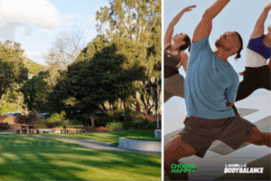People take part in an outdoor Bodybalance class, with Aotea Lagoon parkland visible alongside a promotional image for Les Mills Bodybalance.