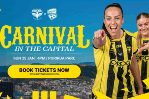 Promotional graphic for Wellington Phoenix women vs Adelaide United showing two Phoenix players in yellow and black kits, with match details for Sunday January 25 at 4pm.