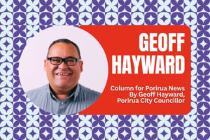Portrait of Porirua City councillor Geoff Hayward smiling, with a graphic background and his name displayed alongside.