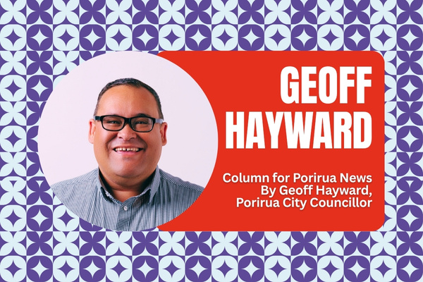 Portrait of Porirua City councillor Geoff Hayward smiling, with a graphic background and his name displayed alongside.