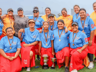 Members of the Porirua United Kirikiti Club pose with trophies after winning the inaugural Malaeola Women’s Kirikiti Tournament, the Wellington region’s first women’s-only kirikiti competition.