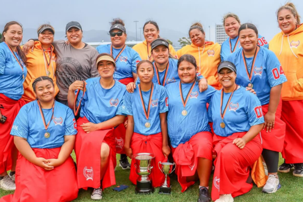 Members of the Porirua United Kirikiti Club pose with trophies after winning the inaugural Malaeola Women’s Kirikiti Tournament, the Wellington region’s first women’s-only kirikiti competition.