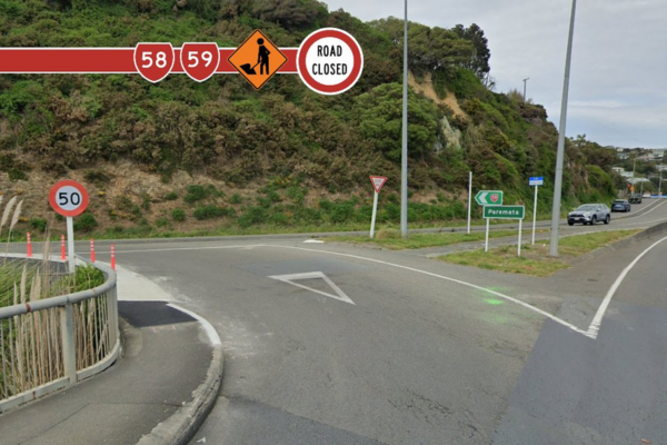 Road closed signage at the SH58 and SH59 junction near Paremata, with traffic diverted and a Paremata direction sign visible on the roadside.