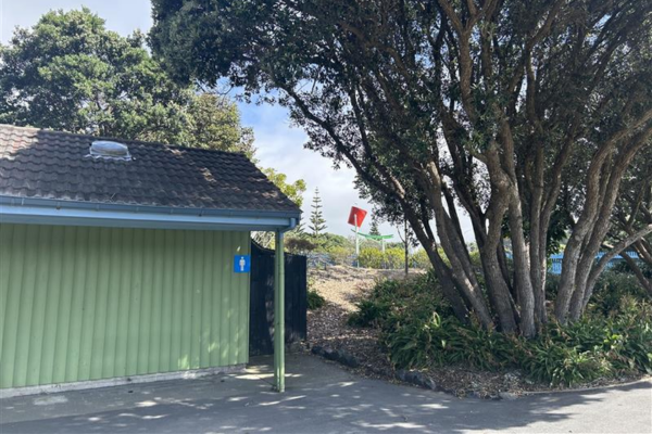 Public toilet block at the north end of Aotea Lagoon in Porirua, with a green exterior wall, tiled roof and a large tree beside the entrance. A red flag can be seen flying in the background near the splash pad area.