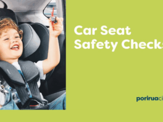 A smiling young child sits in a properly fitted car seat inside a vehicle, holding a small toy, alongside text promoting car seat safety checks.