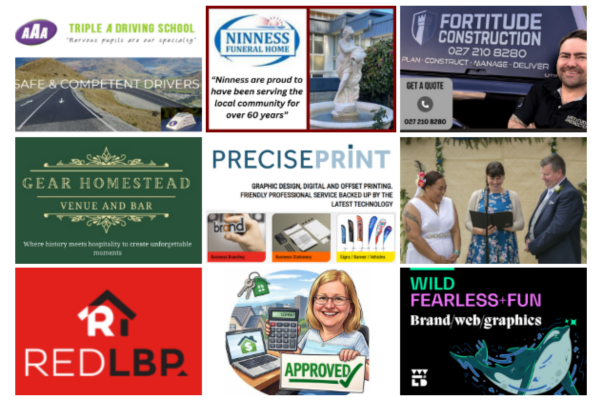 Collage of Porirua News Business Directory members featuring Triple A Driving School, Ninness Funeral Home, Fortitude Construction, Gear Homestead, Precise Print, Kesh Gilmour Celebrant, RED LBP, Donna Marks Mortgage Adviser, and Wild Interactive.