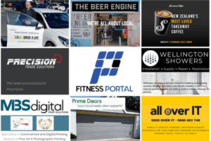 Collage of nine Porirua News Business Directory members featuring logos and business images including Drive 4 Life, The Beer Engine, Streetwise Coffee, Precision Trade Solutions, Fitness Portal, Wellington Showers, MBS Digital Print Solutions, Prime Doors, and All Over I.T.