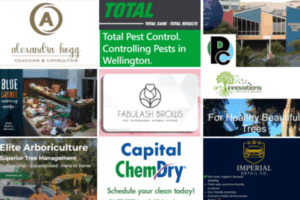 Collage of logos and promotional images from Porirua News Business Directory members including Alexander Hogg Coaching & Consulting, Total Pest Control, Porirua Club, Blue Carrot Catering, Fabulash Brows, Arbinnovations, Elite Arboriculture, Capital Chem-Dry, and Imperial Detailing Co.