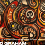 Abstract painting in red, orange, black and white with swirling koru forms and stylised Māori motifs, overlaid with text referencing Fred Graham exhibitions at Pātaka.
