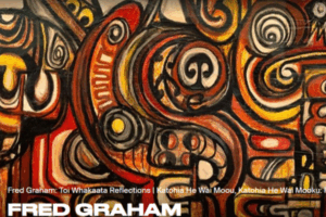 Abstract painting in red, orange, black and white with swirling koru forms and stylised Māori motifs, overlaid with text referencing Fred Graham exhibitions at Pātaka.