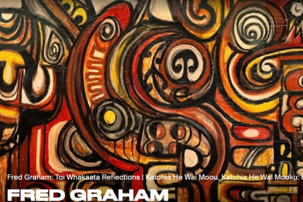 Abstract painting in red, orange, black and white with swirling koru forms and stylised Māori motifs, overlaid with text referencing Fred Graham exhibitions at Pātaka.