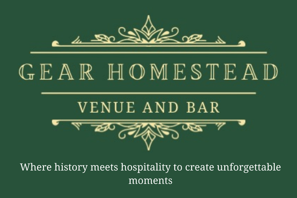 Gear Homestead Venue and Bar logo on a green background with elegant gold typography and decorative detailing.