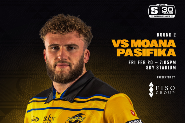 Promotional graphic for the Hurricanes’ Round 2 Super Rugby Pacific match against Moana Pasifika at 7.05pm on Friday, February 20 at Sky Stadium. A Hurricanes player wearing the team’s yellow and black jersey is pictured against a dark background. Text highlights the fixture details and notes the match is presented by Fiso Group.