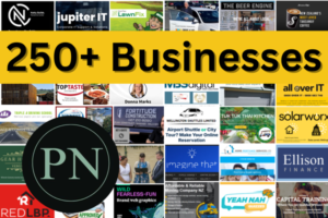 Collage of local Porirua businesses with a bold yellow banner reading “250+ Businesses” and the Porirua News logo in the foreground.