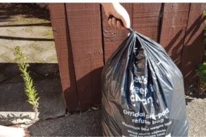 Hand holding a black official Porirua pre-paid rubbish bag beside a wooden fence at a residential kerbside.