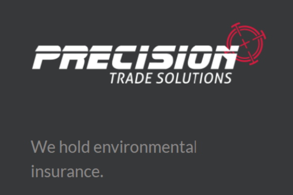 Precision Trade Solutions branding graphic featuring company logo and text noting environmental insurance.