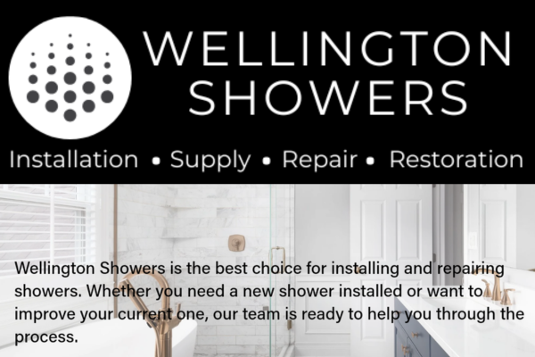 Wellington Showers promotional graphic featuring company branding and a modern bathroom with shower installation imagery.
