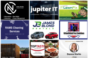 Collage featuring nine Porirua and Wellington businesses including Natty Builds, Jupiter IT, LawnFix Wellington, RAMS Cleaning Services, James Blond Rentals, UrbanShield Pest Solutions, Pātaka Art + Museum, Top Taste Restaurant, and Donna Marks Mortgages.